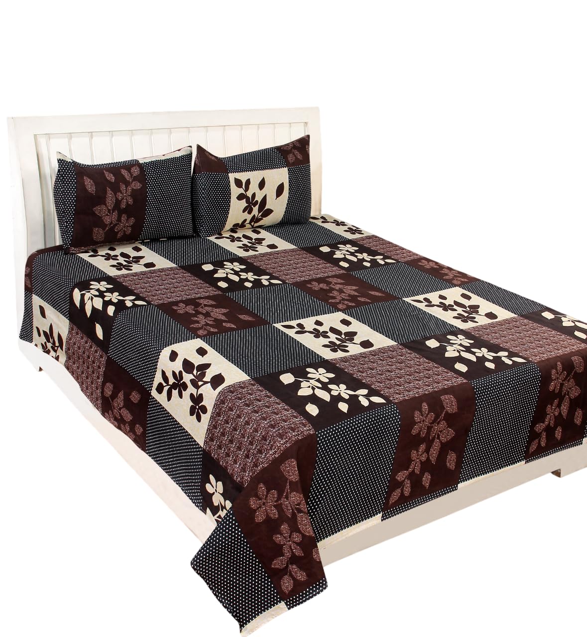 Decorum Earthy Floral Block Patch Double Bedsheet Set | Warm Tone Designer Bedsheet | Cotton Blend with Matching Pillow Covers