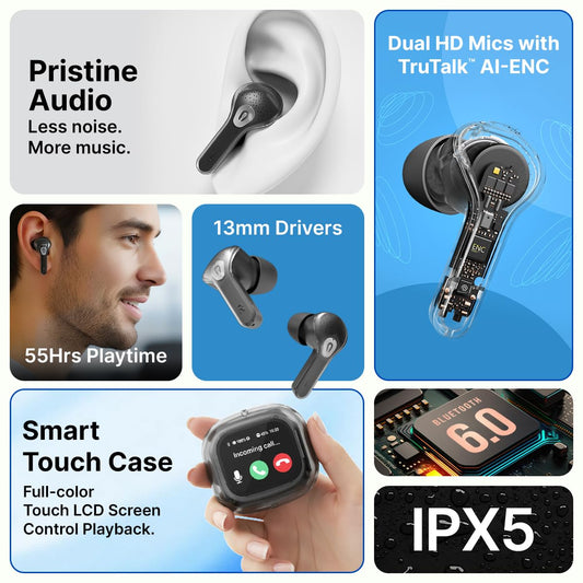 pTron Bassbuds NX TWS Ear Buds w/Smart Touch Display, 55hrs Playtime, Dual Mics, TruTalk AI-ENC Calls, 5 Music Equalisers, BTv6.0, Voice Assistant, Type C Charging, IPX5 Water Resistant (Pearl Black)