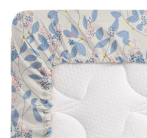 VAS COLLECTIONS Premium Cotton Elastic Fitted Double Bedsheet Set – 160-210 TC, 72 x 68 + 6 Inches | Wrinkle-Free, Breathable, with 2 Pillow Covers | Corner Fitted Sheet (Off White & Blue)