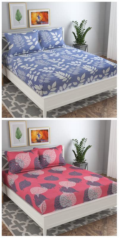 BSB HOME 100% Cotton CloudTouch Double Bed Bedsheet Set | 144 TC Soft & Breathable | Mint Green Floral & Beige Leaves with 2 Pillow Covers | Wrinkle Free | for Bedroom (90 x 90 Inches)