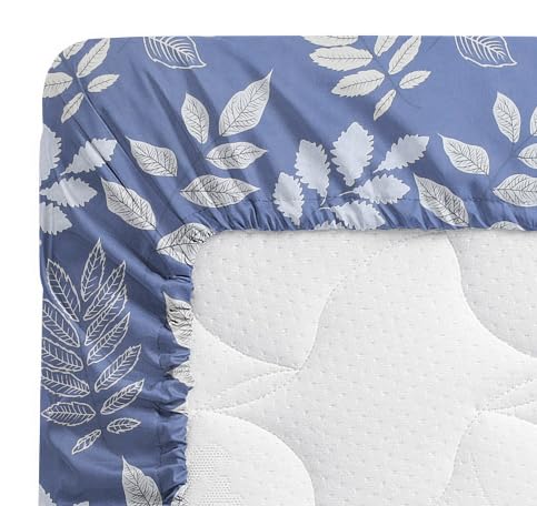 VAS COLLECTIONS Premium Cotton Elastic Fitted Double Bedsheet Set – 160-210 TC, 72 x 68 + 6 Inches | Wrinkle-Free, Breathable, with 2 Pillow Covers | Corner Fitted Sheet (Off White & Blue)