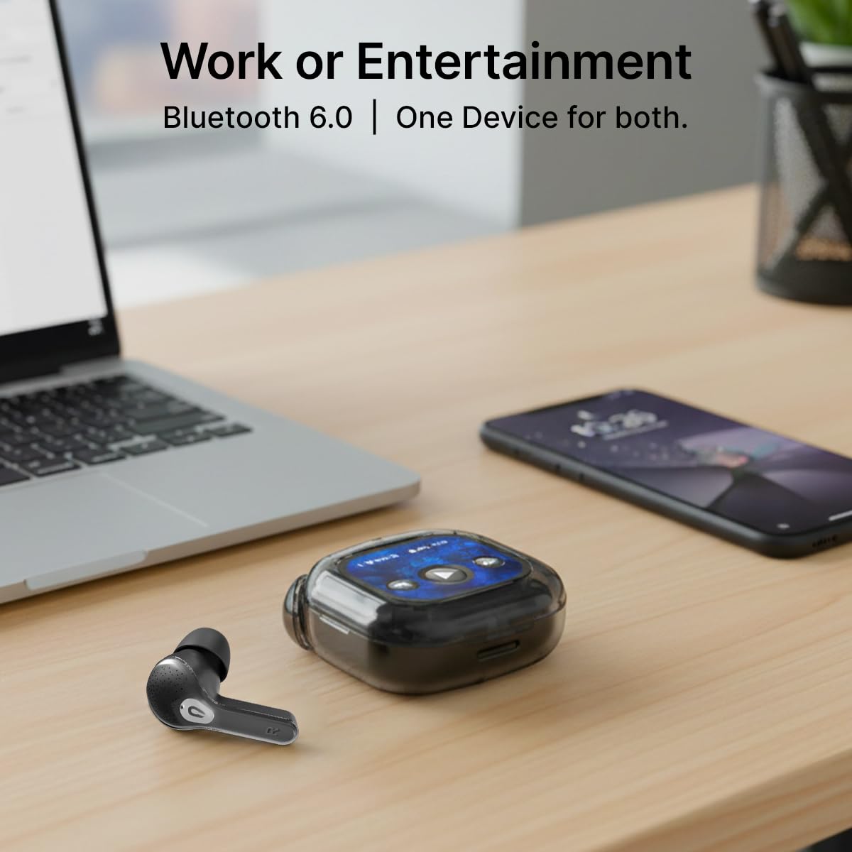 pTron Bassbuds NX TWS Ear Buds w/Smart Touch Display, 55hrs Playtime, Dual Mics, TruTalk AI-ENC Calls, 5 Music Equalisers, BTv6.0, Voice Assistant, Type C Charging, IPX5 Water Resistant (Pearl Black)