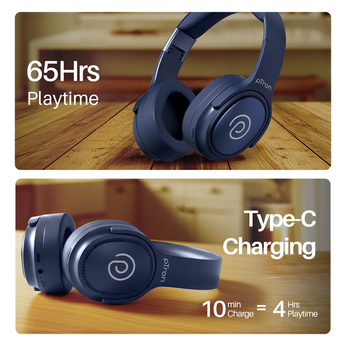pTron Studio Pro w/ 65Hrs Playtime, Wireless Over Ear Headphones w/HD Mic & TruTalk AI-ENC Calls, Low-Latency Game & Music, 40mm Drivers, BT5.4, Dual Device Pairing & Type-C Fast Charging (Beige)