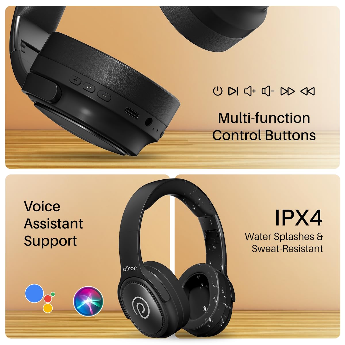 pTron Studio Pro w/ 65Hrs Playtime, Wireless Over Ear Headphones w/HD Mic & TruTalk AI-ENC Calls, Low-Latency Game & Music, 40mm Drivers, BT5.4, Dual Device Pairing & Type-C Fast Charging (Beige)