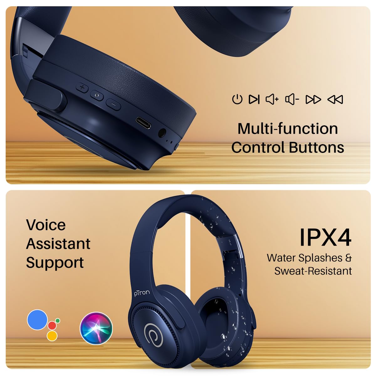 pTron Studio Pro w/ 65Hrs Playtime, Wireless Over Ear Headphones w/HD Mic & TruTalk AI-ENC Calls, Low-Latency Game & Music, 40mm Drivers, BT5.4, Dual Device Pairing & Type-C Fast Charging (Beige)