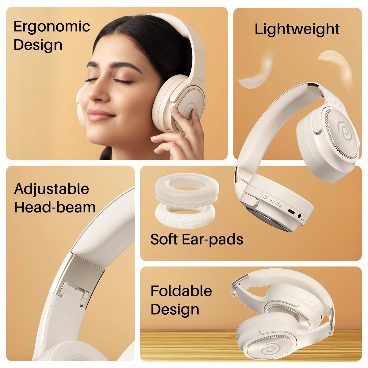 pTron Studio Pro w/ 65Hrs Playtime, Wireless Over Ear Headphones w/HD Mic & TruTalk AI-ENC Calls, Low-Latency Game & Music, 40mm Drivers, BT5.4, Dual Device Pairing & Type-C Fast Charging (Beige)