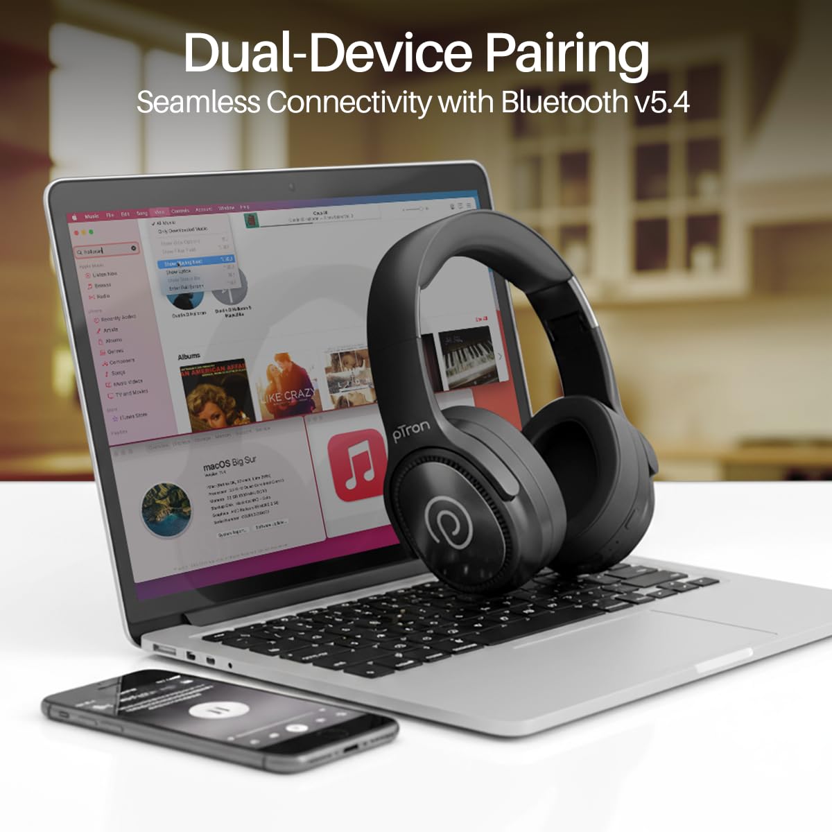 pTron Studio Pro w/ 65Hrs Playtime, Wireless Over Ear Headphones w/HD Mic & TruTalk AI-ENC Calls, Low-Latency Game & Music, 40mm Drivers, BT5.4, Dual Device Pairing & Type-C Fast Charging (Beige)