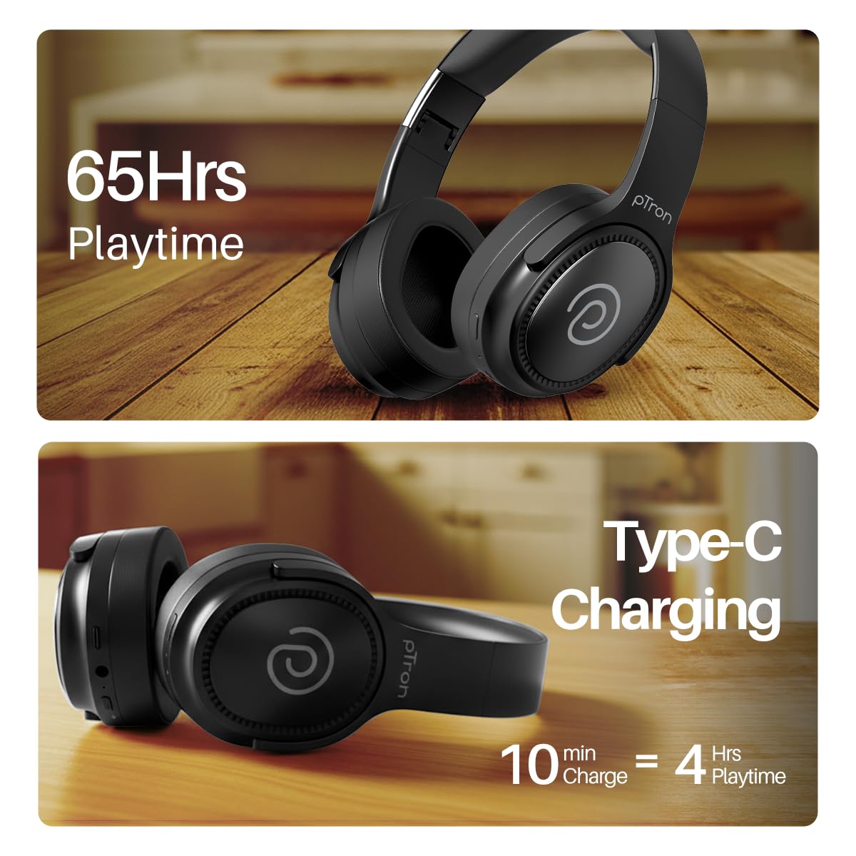 pTron Studio Pro w/ 65Hrs Playtime, Wireless Over Ear Headphones w/HD Mic & TruTalk AI-ENC Calls, Low-Latency Game & Music, 40mm Drivers, BT5.4, Dual Device Pairing & Type-C Fast Charging (Beige)