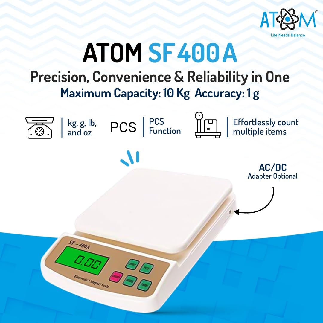 ATOM ALISTON K1 Series Digital Kitchen Weighing Scale 10 kg, Electronic Weight Machine with LCD Display for Baking, Cooking, Food & Diet, SF-400/A121. 6Months Warranty (Colour May Vary)