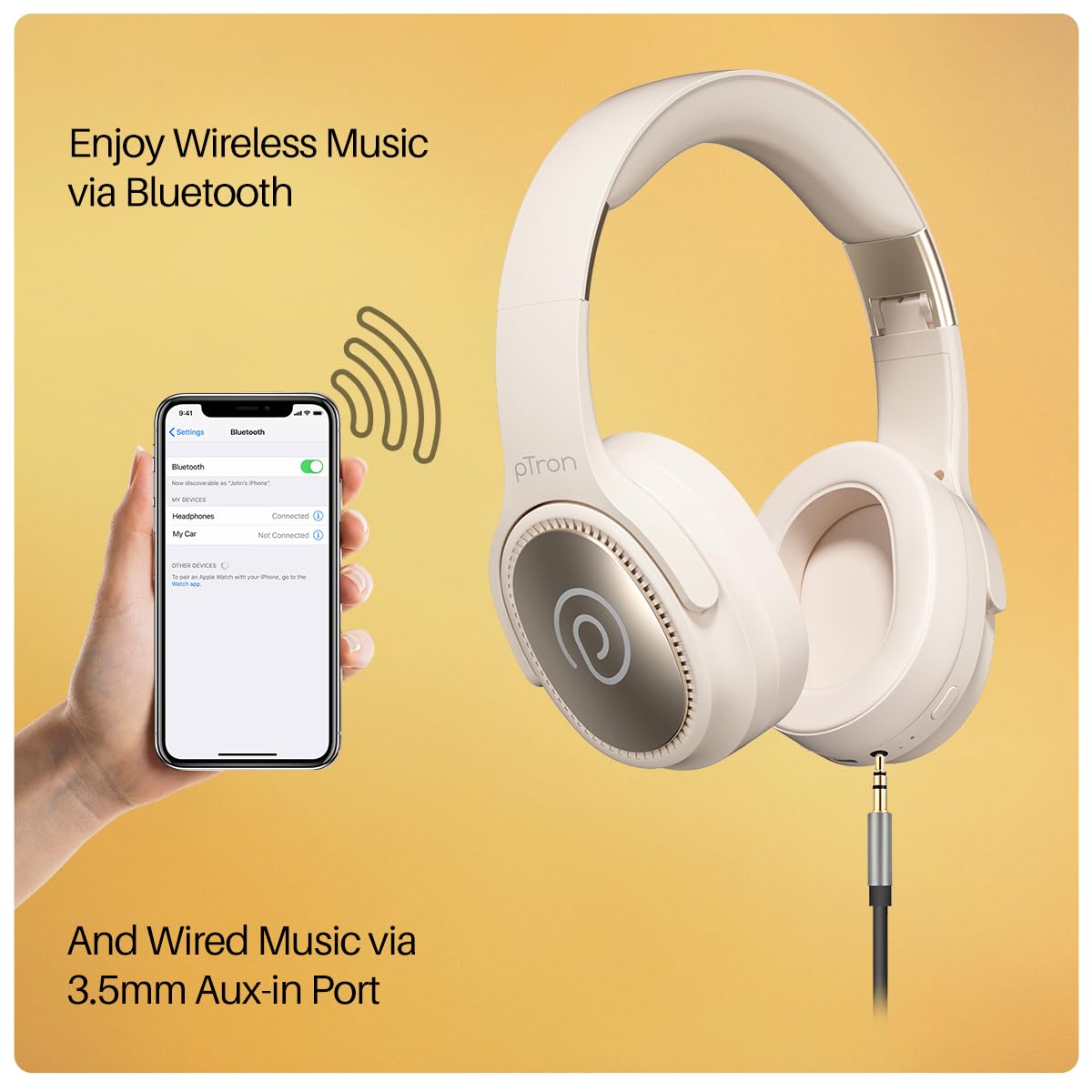 pTron Studio Pro w/ 65Hrs Playtime, Wireless Over Ear Headphones w/HD Mic & TruTalk AI-ENC Calls, Low-Latency Game & Music, 40mm Drivers, BT5.4, Dual Device Pairing & Type-C Fast Charging (Beige)