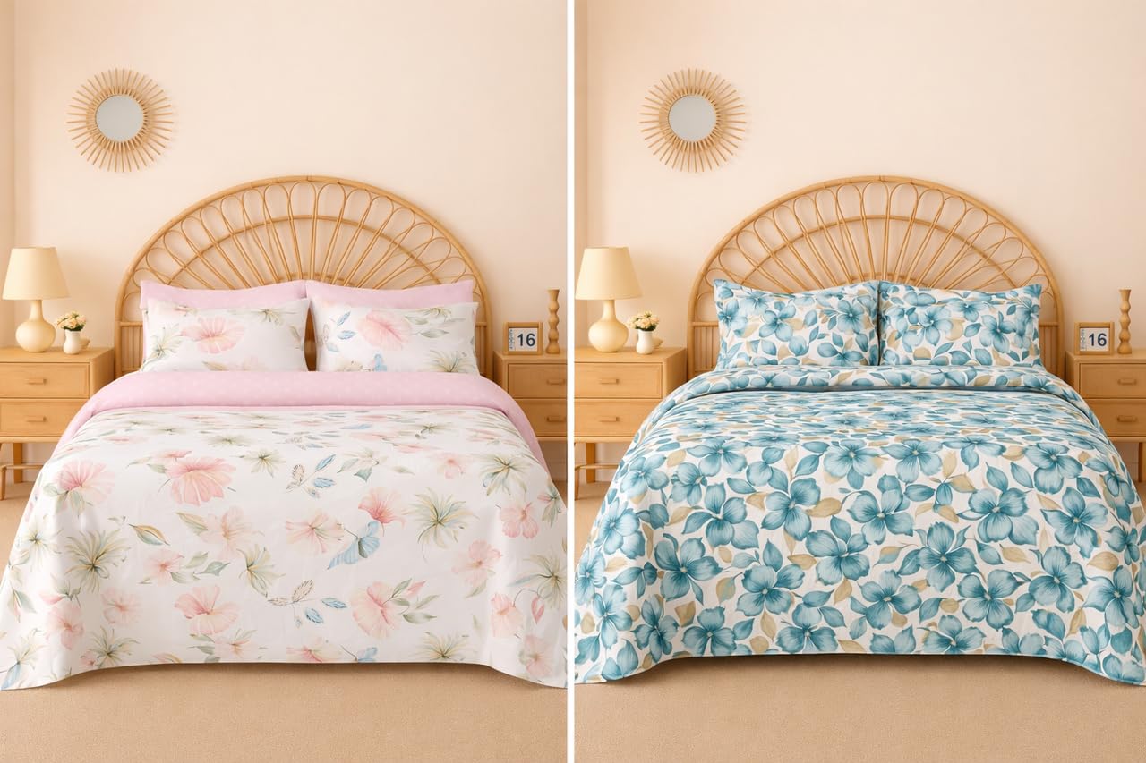 BSB HOME 100% Cotton CloudTouch Double Bed Bedsheet Set | 144 TC Soft & Breathable | Mint Green Floral & Beige Leaves with 2 Pillow Covers | Wrinkle Free | for Bedroom (90 x 90 Inches)