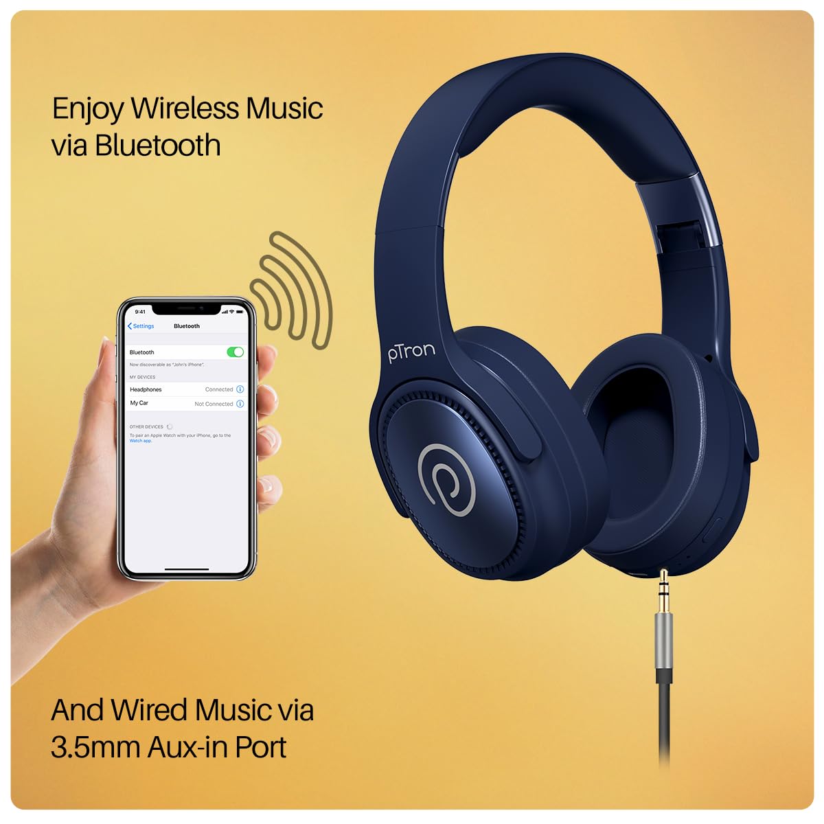 pTron Studio Pro w/ 65Hrs Playtime, Wireless Over Ear Headphones w/HD Mic & TruTalk AI-ENC Calls, Low-Latency Game & Music, 40mm Drivers, BT5.4, Dual Device Pairing & Type-C Fast Charging (Beige)