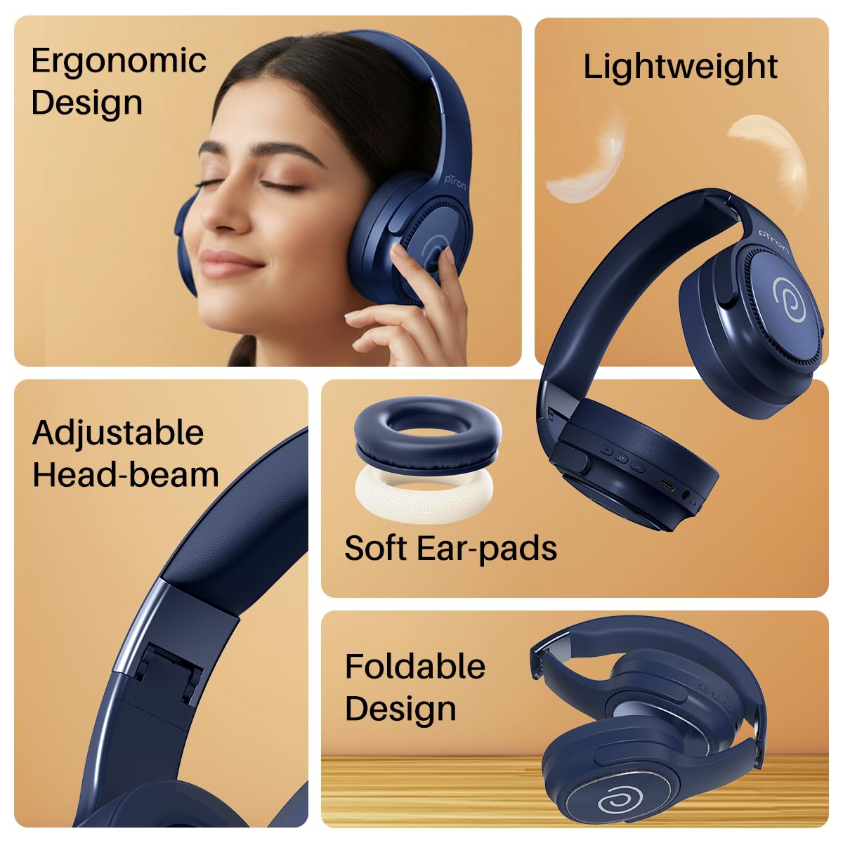 pTron Studio Pro w/ 65Hrs Playtime, Wireless Over Ear Headphones w/HD Mic & TruTalk AI-ENC Calls, Low-Latency Game & Music, 40mm Drivers, BT5.4, Dual Device Pairing & Type-C Fast Charging (Beige)