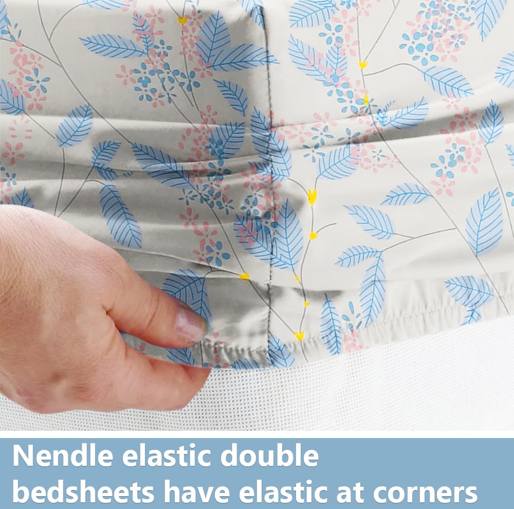 VAS COLLECTIONS Premium Cotton Elastic Fitted Double Bedsheet Set – 160-210 TC, 72 x 68 + 6 Inches | Wrinkle-Free, Breathable, with 2 Pillow Covers | Corner Fitted Sheet (Off White & Blue)