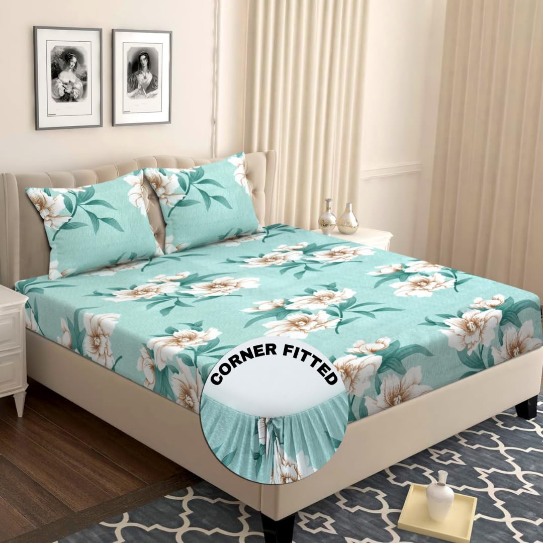 VAS COLLECTIONS Premium Cotton Elastic Fitted Double Bedsheet Set – 160-210 TC, 72 x 68 + 6 Inches | Wrinkle-Free, Breathable, with 2 Pillow Covers | Corner Fitted Sheet (Off White & Blue)