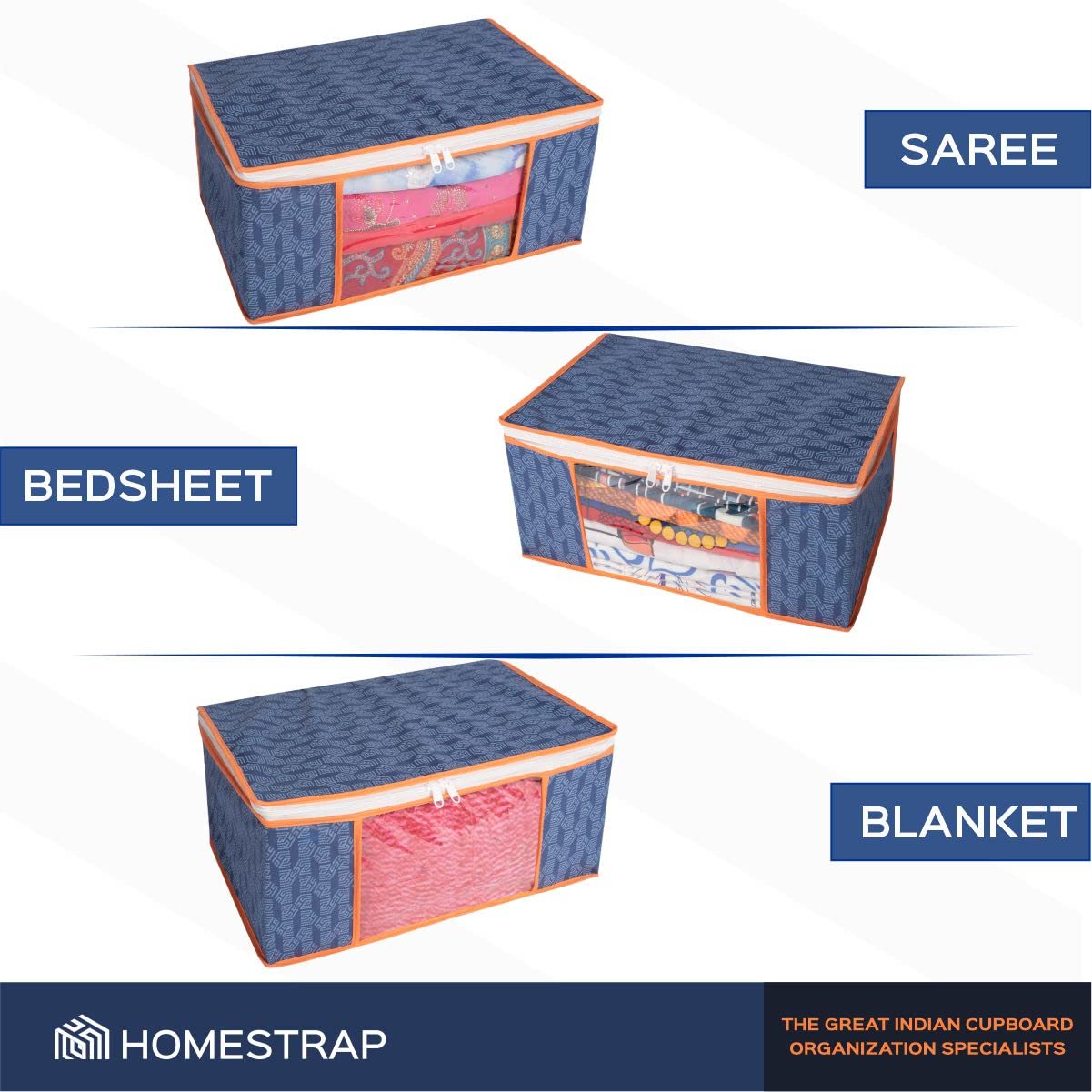 Homestrap Set of 6 Non-Woven Printed Saree Cover/Cloth Storage/Wardrobe Organizer For Clothes with Transparent Window (Grey)(Shark Tank Featured) 45cmx33cmx22cm