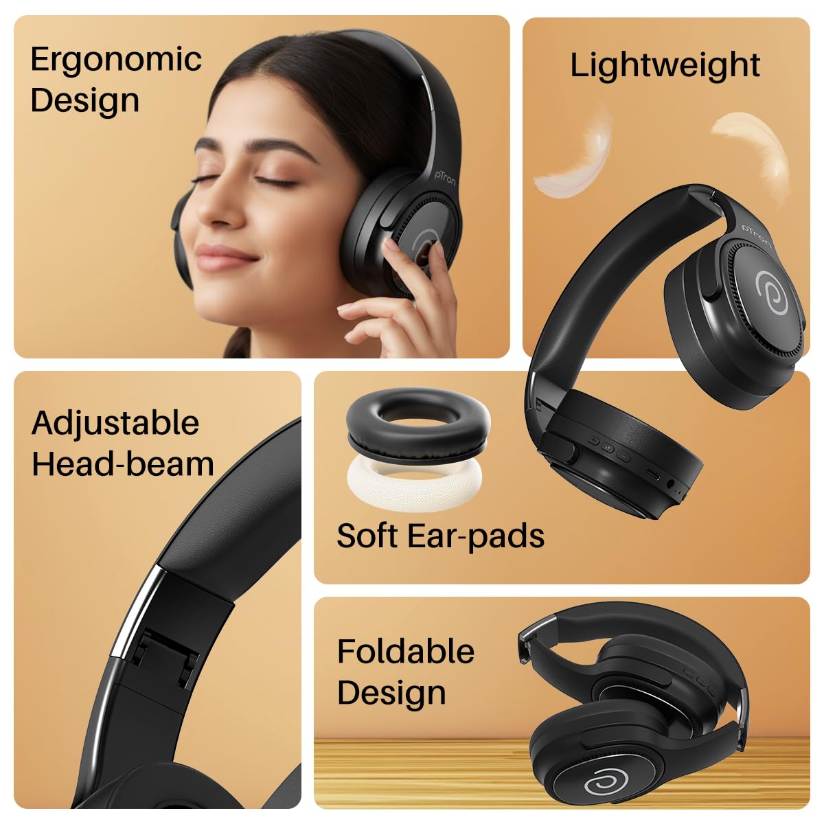 pTron Studio Pro w/ 65Hrs Playtime, Wireless Over Ear Headphones w/HD Mic & TruTalk AI-ENC Calls, Low-Latency Game & Music, 40mm Drivers, BT5.4, Dual Device Pairing & Type-C Fast Charging (Beige)