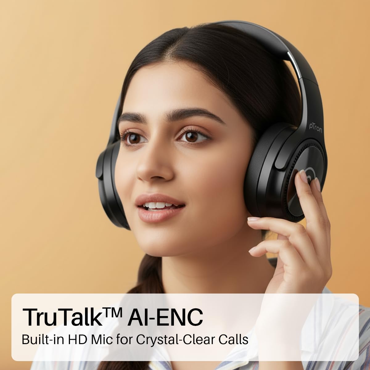 pTron Studio Pro w/ 65Hrs Playtime, Wireless Over Ear Headphones w/HD Mic & TruTalk AI-ENC Calls, Low-Latency Game & Music, 40mm Drivers, BT5.4, Dual Device Pairing & Type-C Fast Charging (Beige)
