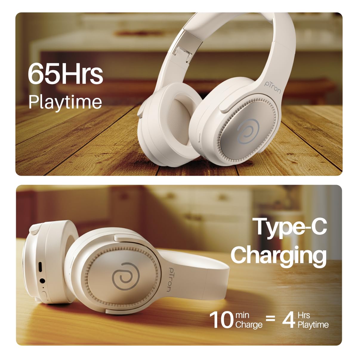 pTron Studio Pro w/ 65Hrs Playtime, Wireless Over Ear Headphones w/HD Mic & TruTalk AI-ENC Calls, Low-Latency Game & Music, 40mm Drivers, BT5.4, Dual Device Pairing & Type-C Fast Charging (Beige)