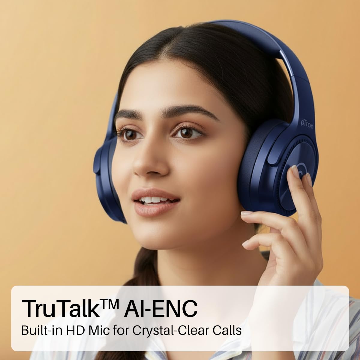 pTron Studio Pro w/ 65Hrs Playtime, Wireless Over Ear Headphones w/HD Mic & TruTalk AI-ENC Calls, Low-Latency Game & Music, 40mm Drivers, BT5.4, Dual Device Pairing & Type-C Fast Charging (Beige)
