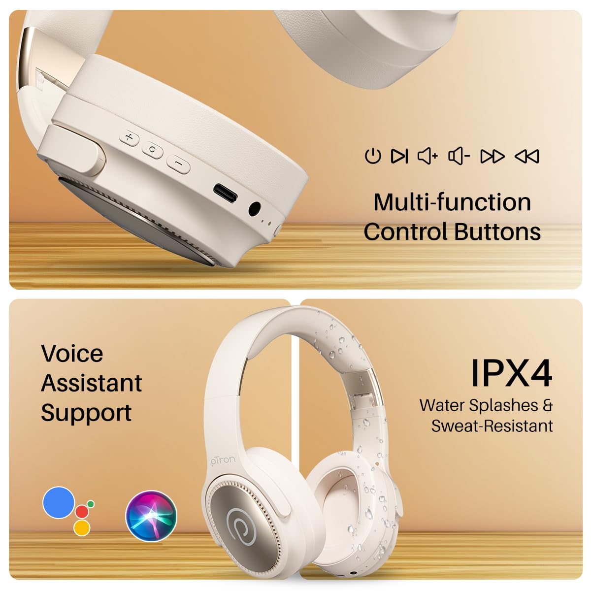 pTron Studio Pro w/ 65Hrs Playtime, Wireless Over Ear Headphones w/HD Mic & TruTalk AI-ENC Calls, Low-Latency Game & Music, 40mm Drivers, BT5.4, Dual Device Pairing & Type-C Fast Charging (Beige)