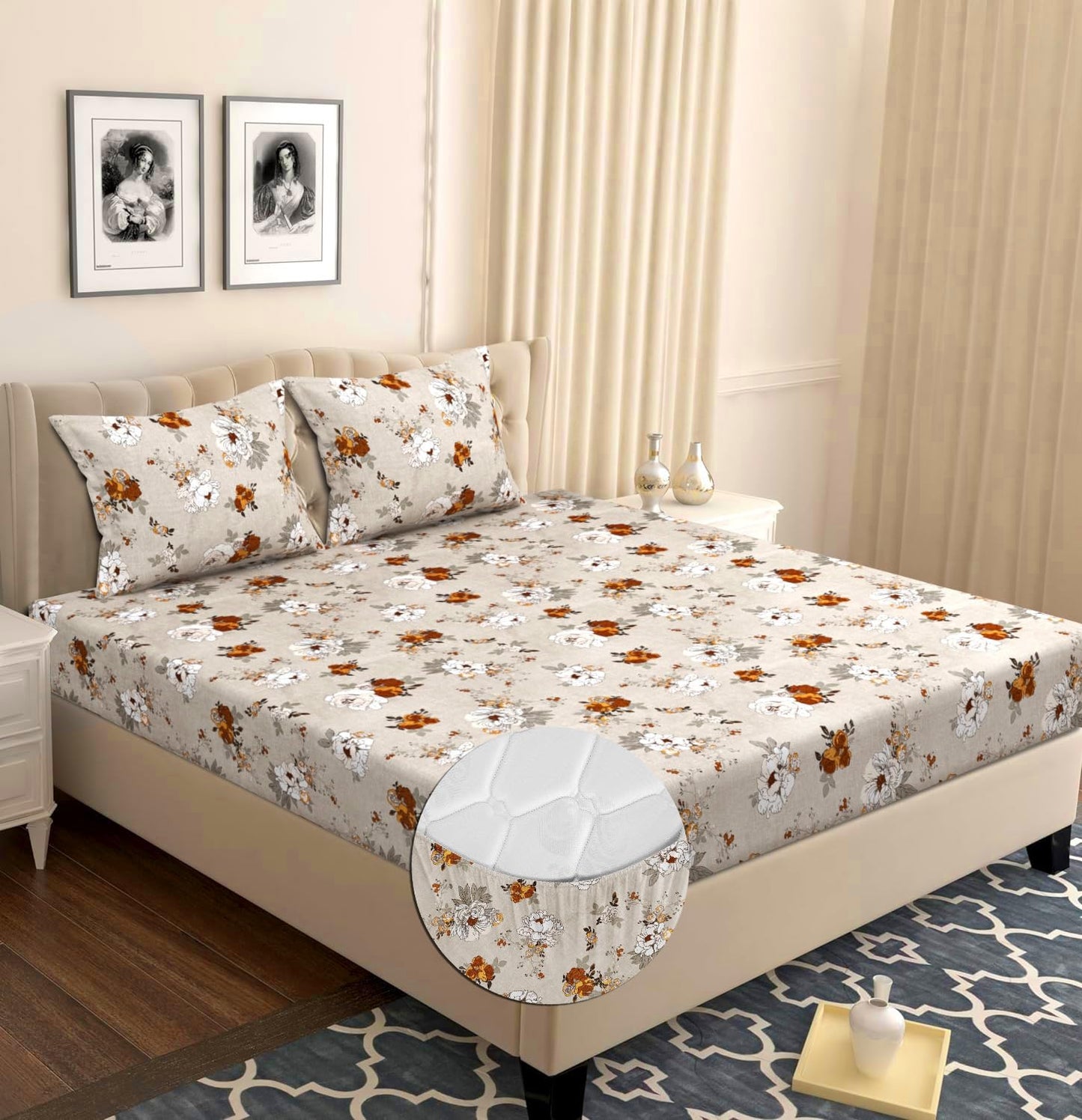 VAS COLLECTIONS Premium Cotton Elastic Fitted Double Bedsheet Set – 160-210 TC, 72 x 68 + 6 Inches | Wrinkle-Free, Breathable, with 2 Pillow Covers | Corner Fitted Sheet (Off White & Blue)