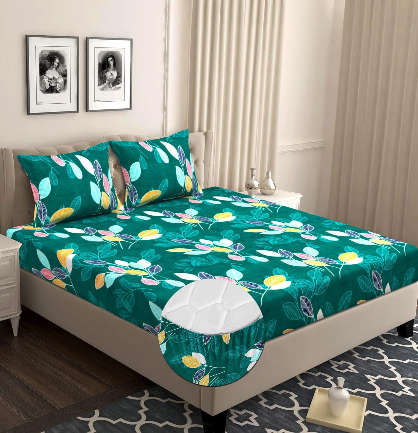 VAS COLLECTIONS Premium Cotton Elastic Fitted Double Bedsheet Set – 160-210 TC, 72 x 68 + 6 Inches | Wrinkle-Free, Breathable, with 2 Pillow Covers | Corner Fitted Sheet (Off White & Blue)