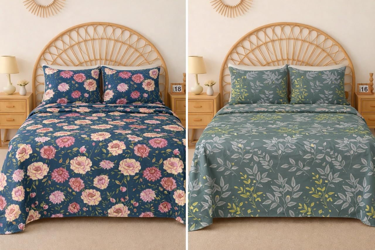 BSB HOME 100% Cotton CloudTouch Double Bed Bedsheet Set | 144 TC Soft & Breathable | Mint Green Floral & Beige Leaves with 2 Pillow Covers | Wrinkle Free | for Bedroom (90 x 90 Inches)