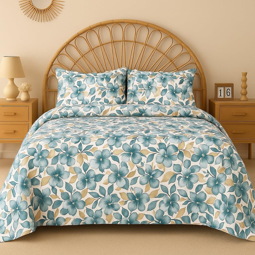 VAS COLLECTIONS Cloud Cotton Double Bedsheet 180 TC | Soft & Breathable Cotton Bedding Set with 2 Pillow Covers | Elegant Floral Printed Bed Sheet for Bedroom & Home | 90 x 90 Inches (Botanical Sage)