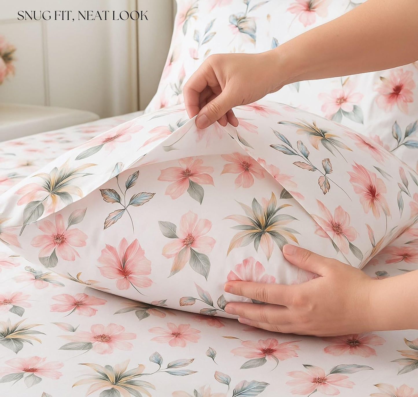 BSB HOME 100% Cotton CloudTouch Double Bed Bedsheet Set | 144 TC Soft & Breathable | Mint Green Floral & Beige Leaves with 2 Pillow Covers | Wrinkle Free | for Bedroom (90 x 90 Inches)
