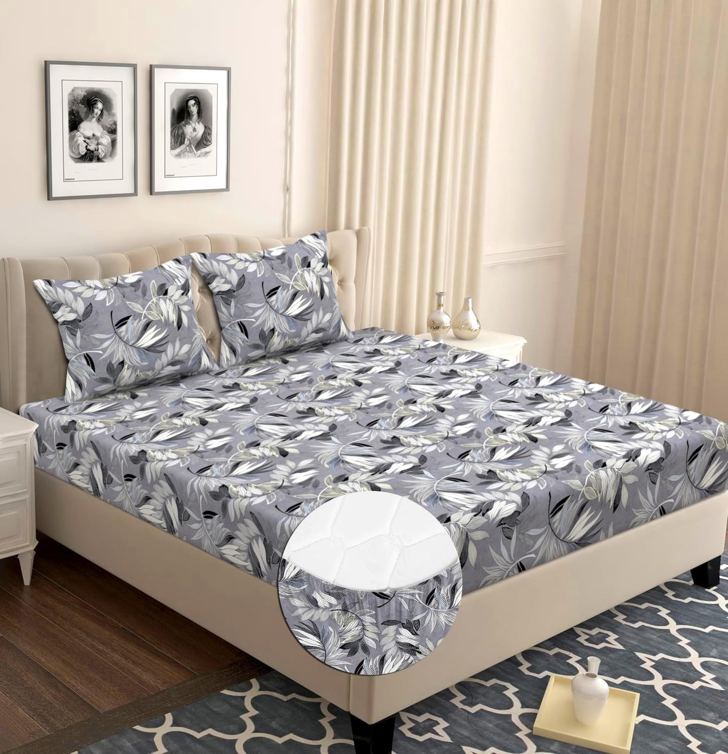 VAS COLLECTIONS Premium Cotton Elastic Fitted Double Bedsheet Set – 160-210 TC, 72 x 68 + 6 Inches | Wrinkle-Free, Breathable, with 2 Pillow Covers | Corner Fitted Sheet (Off White & Blue)