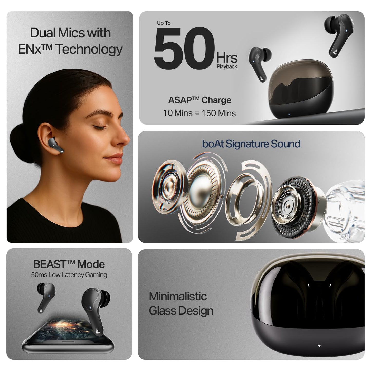 Boat Airdopes Plus 311, Glass Design, ENx Tech, Fast Charge, 50 Hrs Battery, Stream Ad Free Music via App Support Bluetooth Earbuds, TWS Ear Buds Wireless Earphones with mic (Charcoal Black)