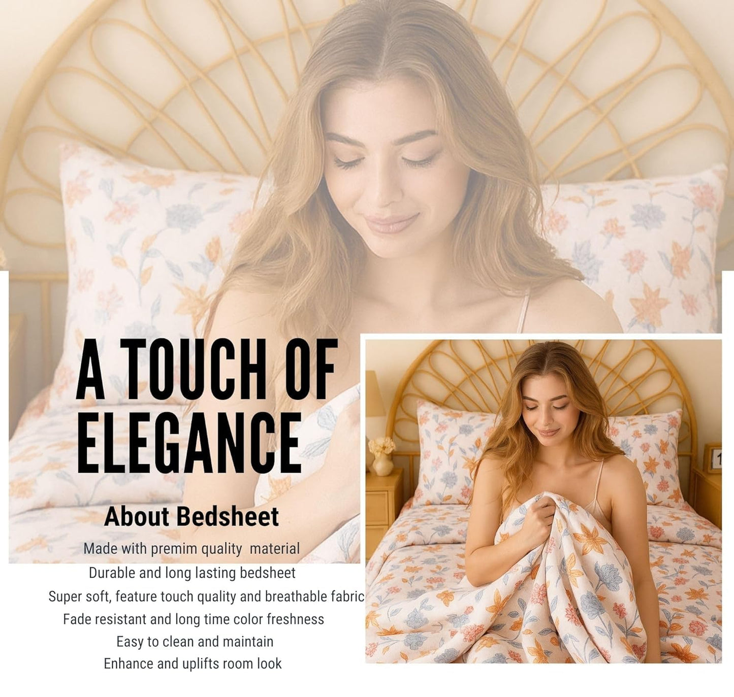 BSB HOME 100% Cotton CloudTouch Double Bed Bedsheet Set | 144 TC Soft & Breathable | Mint Green Floral & Beige Leaves with 2 Pillow Covers | Wrinkle Free | for Bedroom (90 x 90 Inches)
