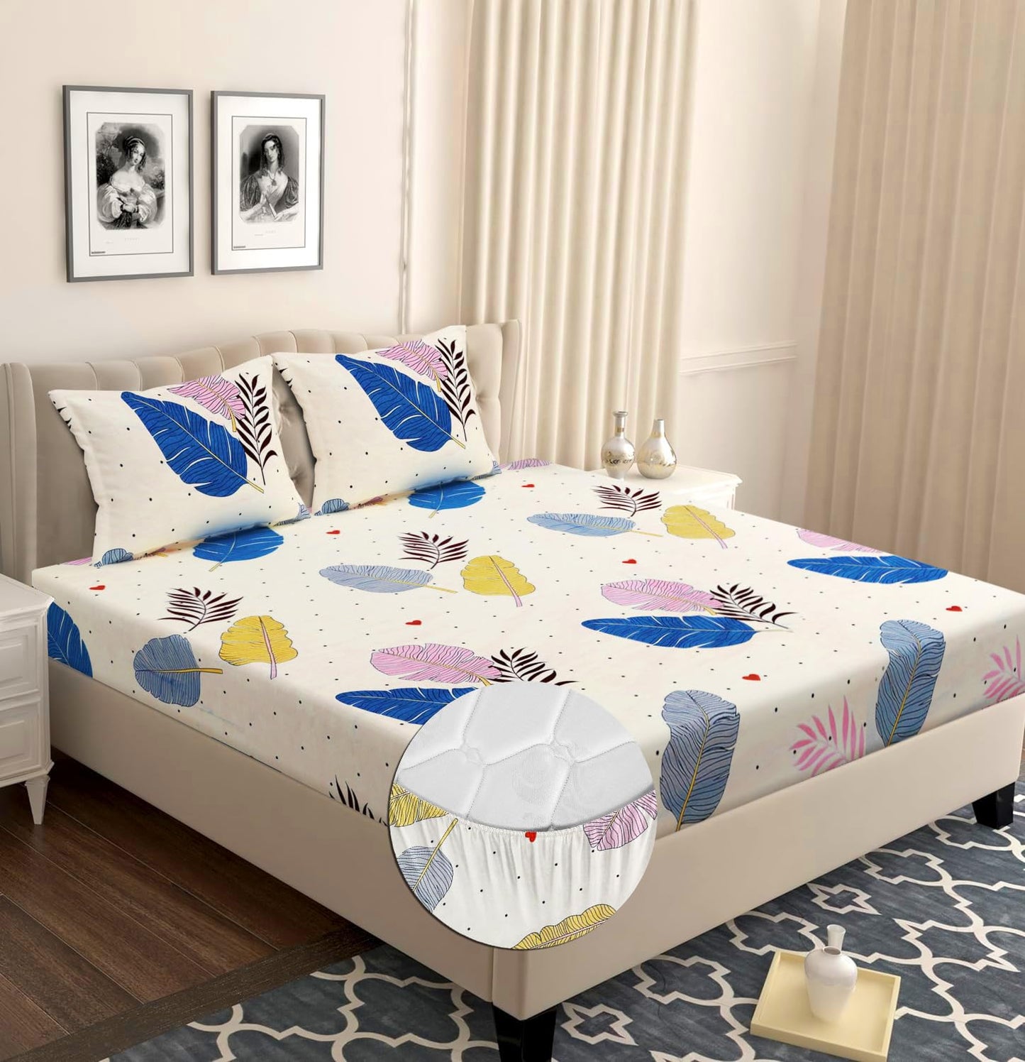 VAS COLLECTIONS Premium Cotton Elastic Fitted Double Bedsheet Set – 160-210 TC, 72 x 68 + 6 Inches | Wrinkle-Free, Breathable, with 2 Pillow Covers | Corner Fitted Sheet (Off White & Blue)