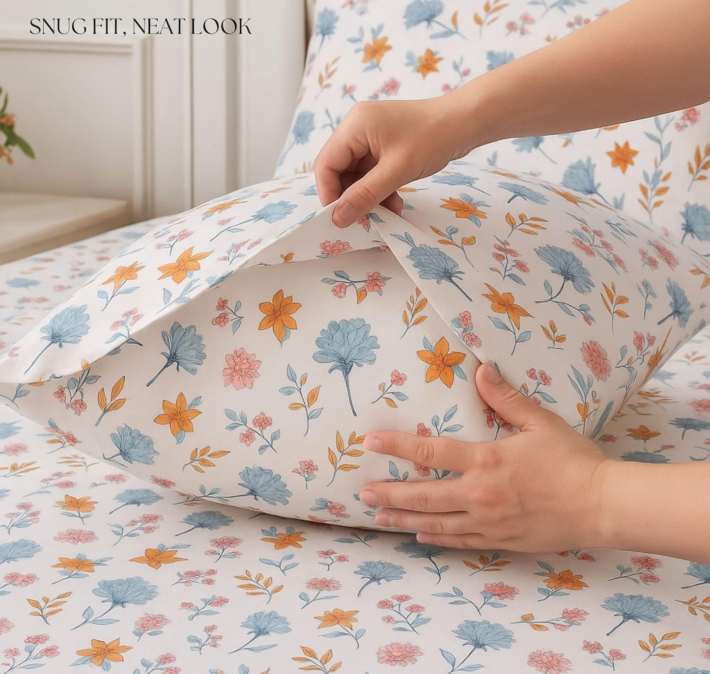 BSB HOME 100% Cotton CloudTouch Double Bed Bedsheet Set | 144 TC Soft & Breathable | Mint Green Floral & Beige Leaves with 2 Pillow Covers | Wrinkle Free | for Bedroom (90 x 90 Inches)