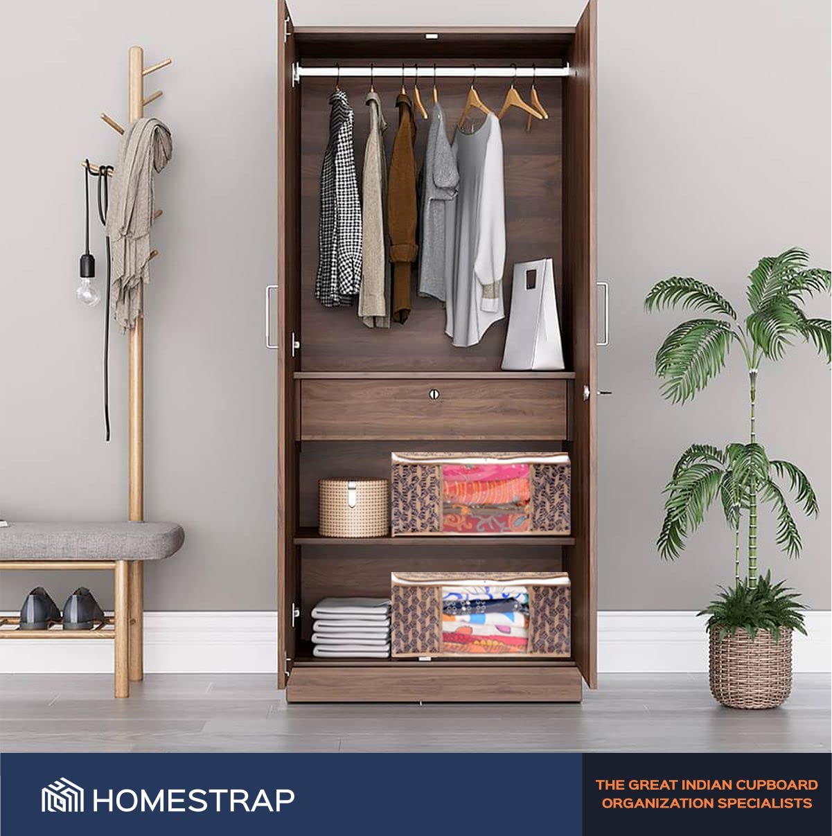 Homestrap Set of 6 Non-Woven Printed Saree Cover/Cloth Storage/Wardrobe Organizer For Clothes with Transparent Window (Grey)(Shark Tank Featured) 45cmx33cmx22cm