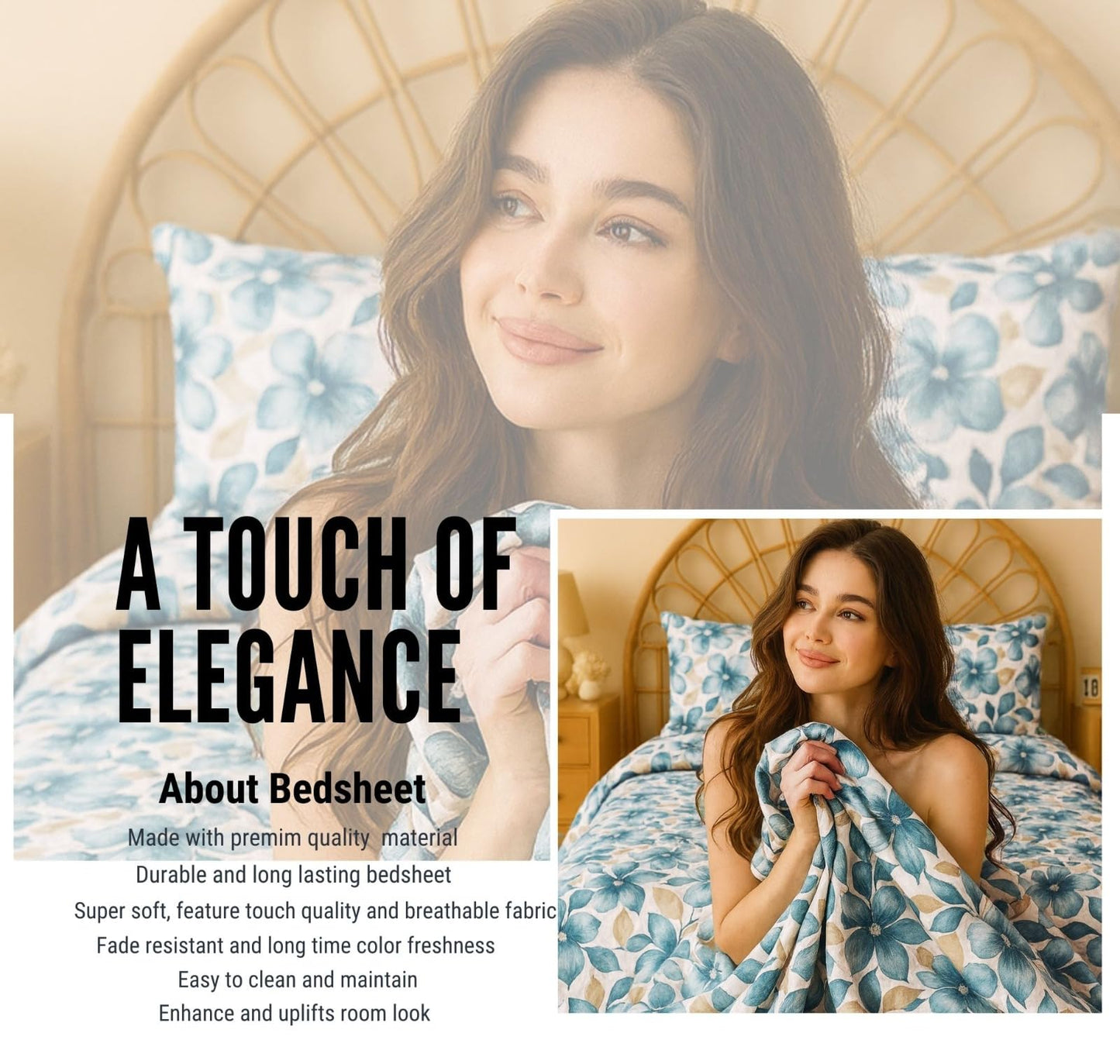 BSB HOME 100% Cotton CloudTouch Double Bed Bedsheet Set | 144 TC Soft & Breathable | Mint Green Floral & Beige Leaves with 2 Pillow Covers | Wrinkle Free | for Bedroom (90 x 90 Inches)