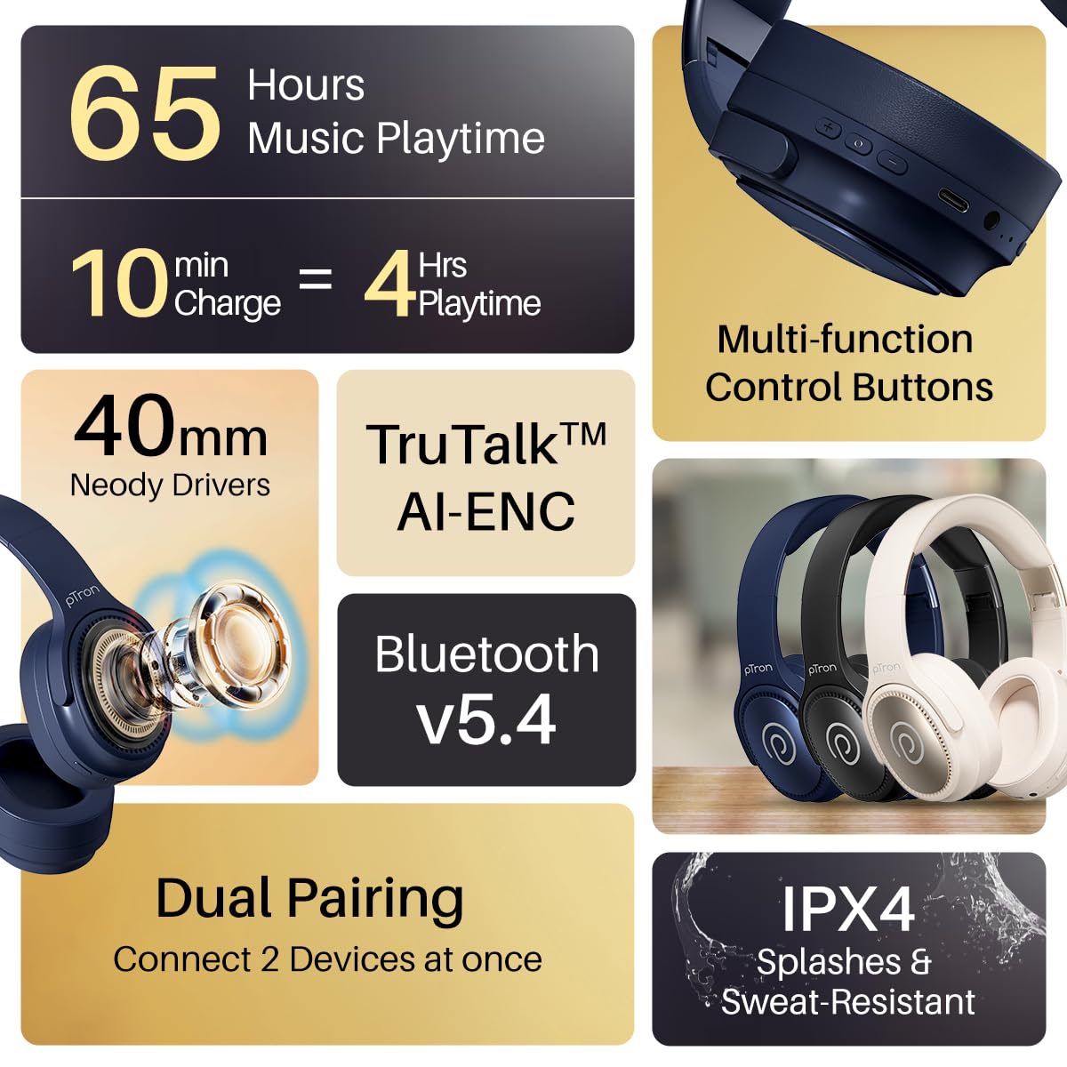 pTron Studio Pro w/ 65Hrs Playtime, Wireless Over Ear Headphones w/HD Mic & TruTalk AI-ENC Calls, Low-Latency Game & Music, 40mm Drivers, BT5.4, Dual Device Pairing & Type-C Fast Charging (Beige)