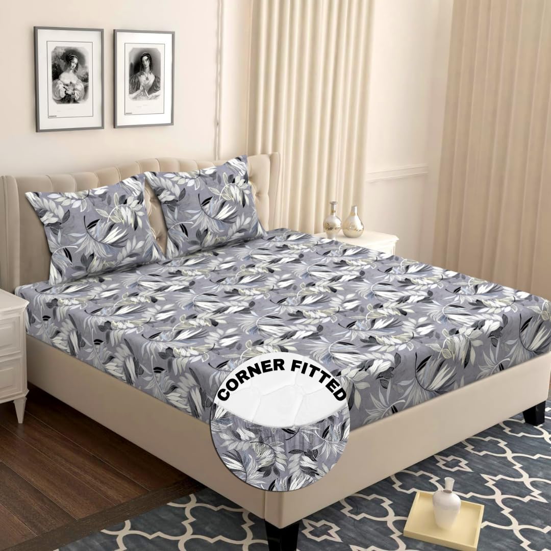 VAS COLLECTIONS Premium Cotton Elastic Fitted Double Bedsheet Set – 160-210 TC, 72 x 68 + 6 Inches | Wrinkle-Free, Breathable, with 2 Pillow Covers | Corner Fitted Sheet (Off White & Blue)
