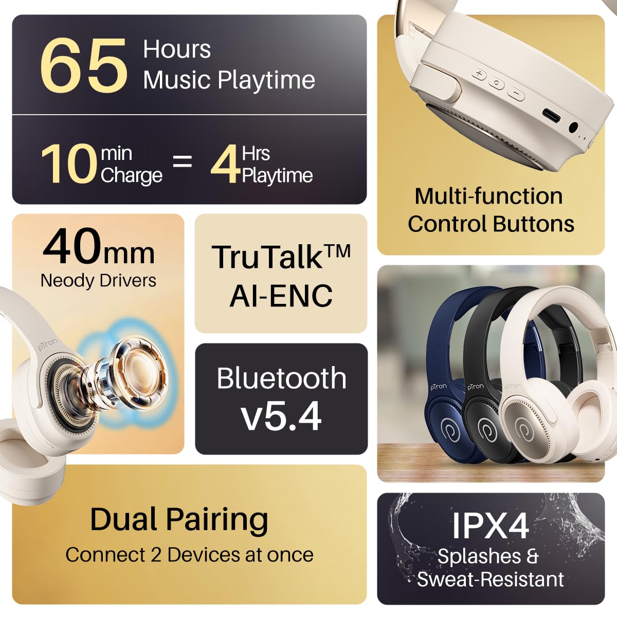 pTron Studio Pro w/ 65Hrs Playtime, Wireless Over Ear Headphones w/HD Mic & TruTalk AI-ENC Calls, Low-Latency Game & Music, 40mm Drivers, BT5.4, Dual Device Pairing & Type-C Fast Charging (Beige)