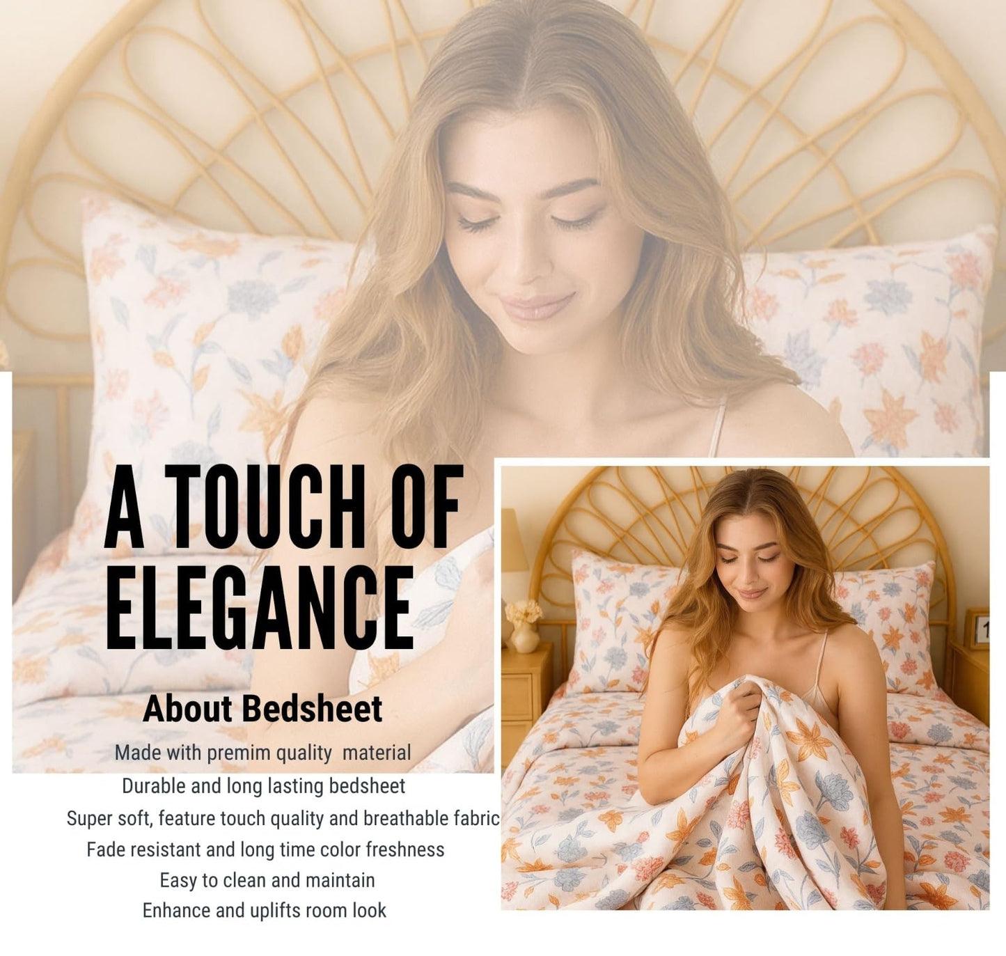 BSB HOME 100% Cotton CloudTouch Double Bed Bedsheet Set | 144 TC Soft & Breathable | Mint Green Floral & Beige Leaves with 2 Pillow Covers | Wrinkle Free | for Bedroom (90 x 90 Inches)