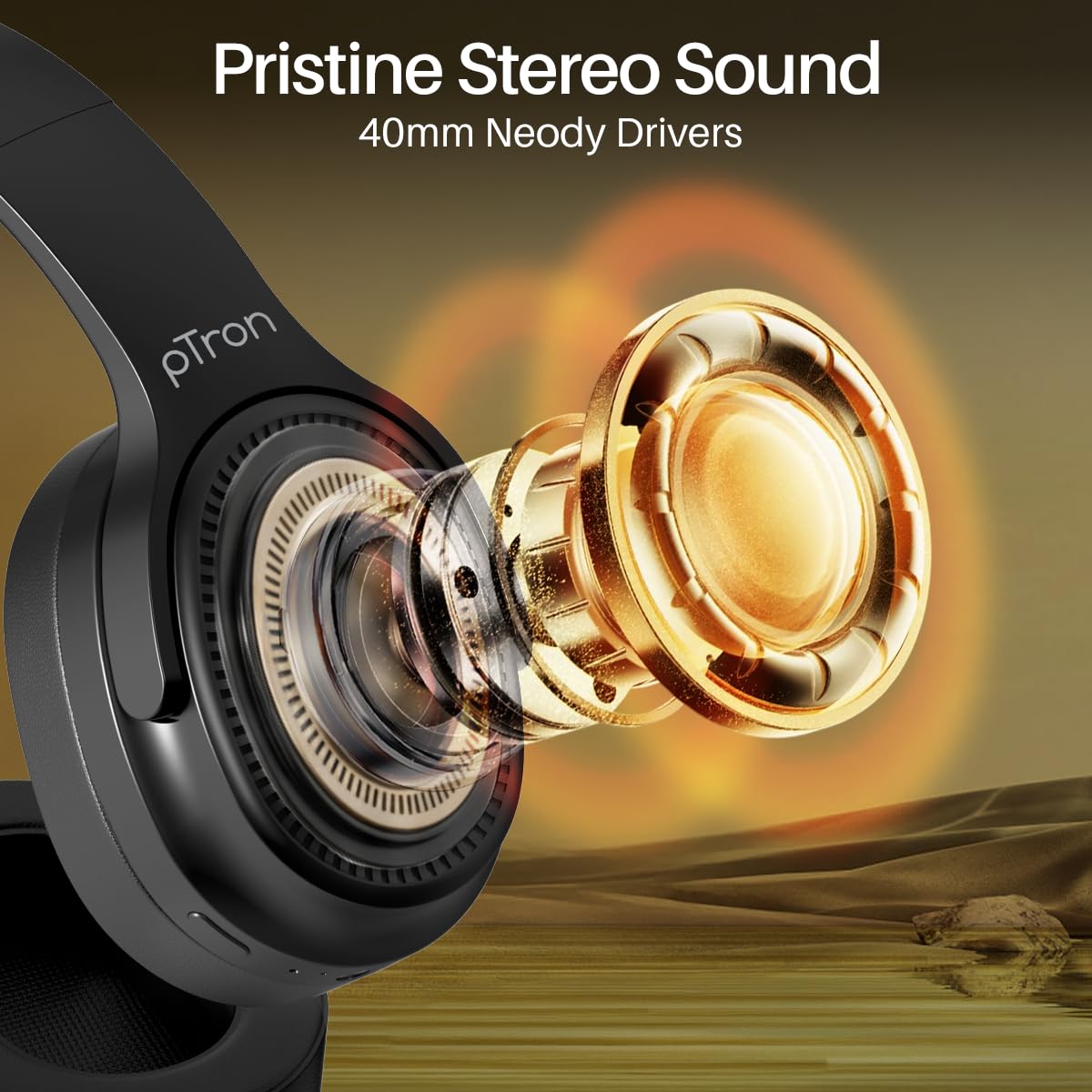 pTron Studio Pro w/ 65Hrs Playtime, Wireless Over Ear Headphones w/HD Mic & TruTalk AI-ENC Calls, Low-Latency Game & Music, 40mm Drivers, BT5.4, Dual Device Pairing & Type-C Fast Charging (Beige)