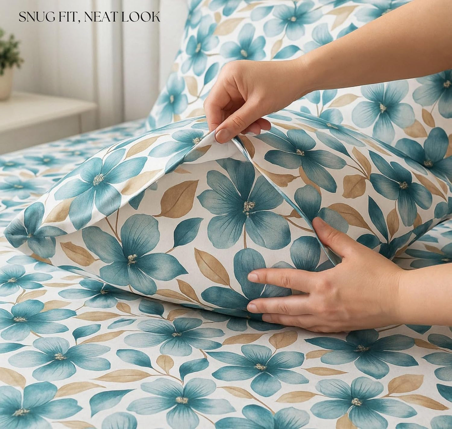 BSB HOME 100% Cotton CloudTouch Double Bed Bedsheet Set | 144 TC Soft & Breathable | Mint Green Floral & Beige Leaves with 2 Pillow Covers | Wrinkle Free | for Bedroom (90 x 90 Inches)