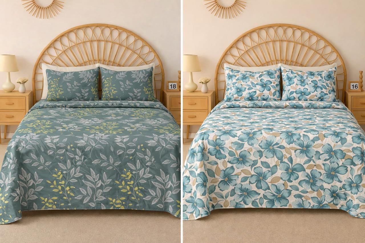 BSB HOME 100% Cotton CloudTouch Double Bed Bedsheet Set | 144 TC Soft & Breathable | Mint Green Floral & Beige Leaves with 2 Pillow Covers | Wrinkle Free | for Bedroom (90 x 90 Inches)