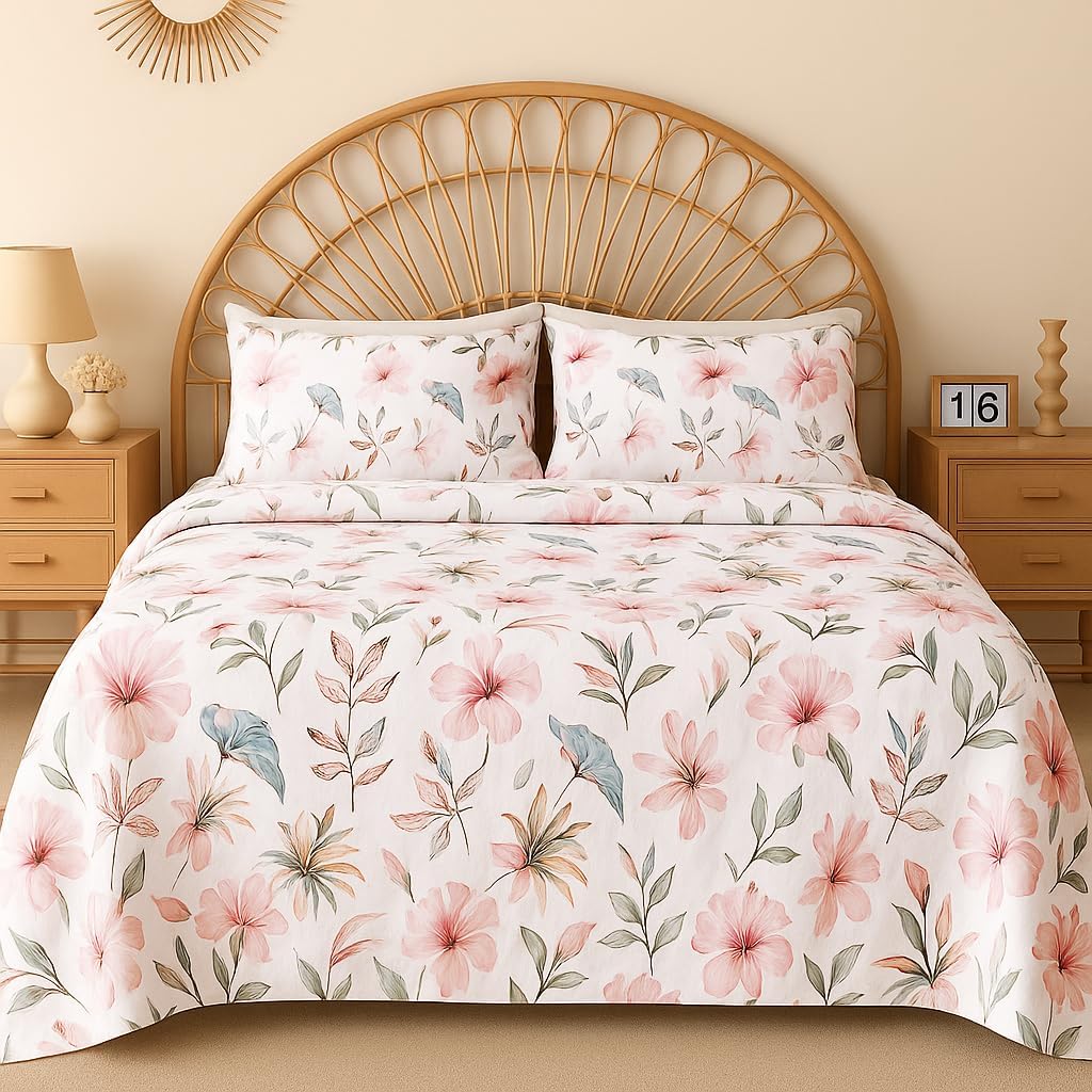 BSB HOME 100% Cotton CloudTouch Double Bed Bedsheet Set | 144 TC Soft & Breathable | Mint Green Floral & Beige Leaves with 2 Pillow Covers | Wrinkle Free | for Bedroom (90 x 90 Inches)