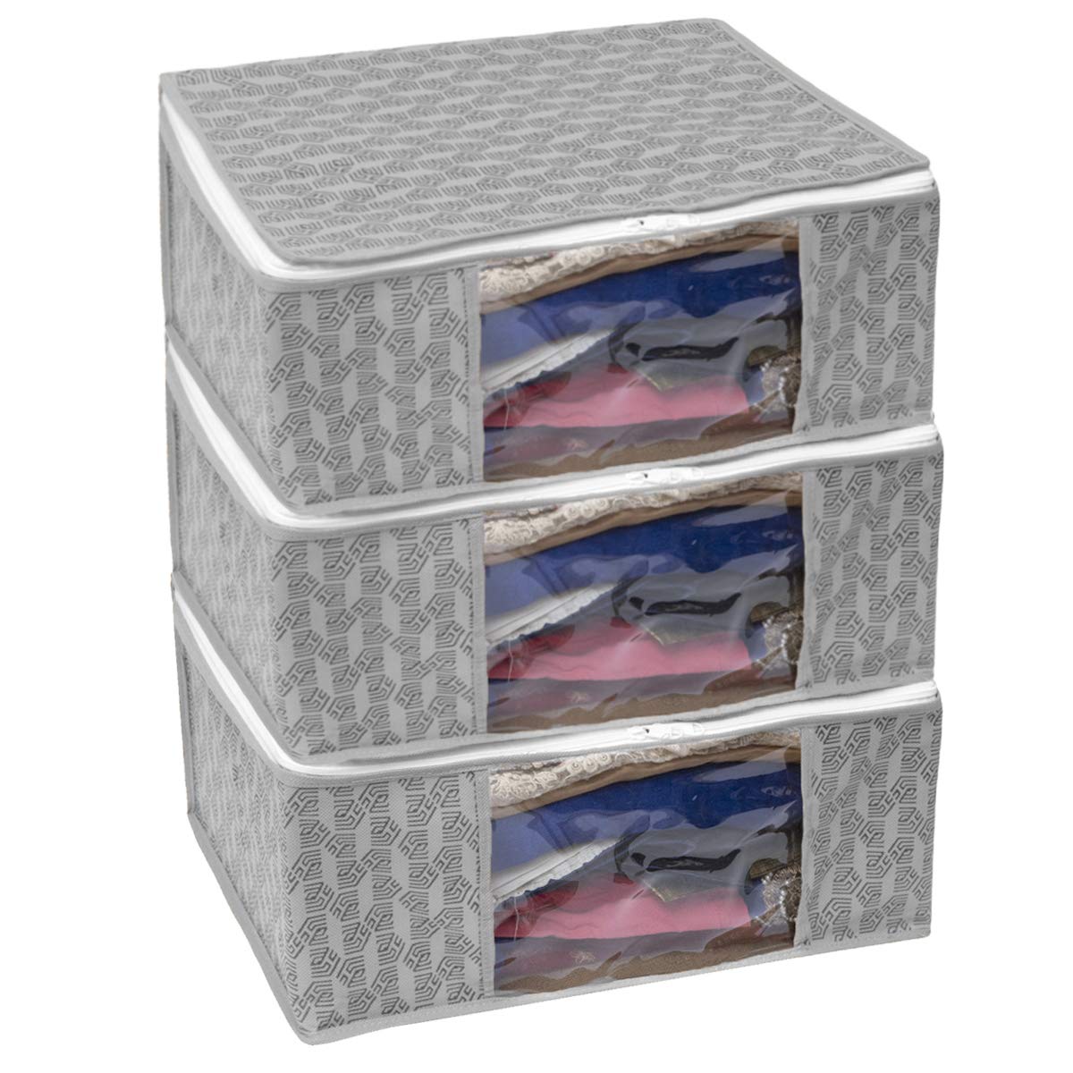 Homestrap Set of 6 Non-Woven Printed Saree Cover/Cloth Storage/Wardrobe Organizer For Clothes with Transparent Window (Grey)(Shark Tank Featured) 45cmx33cmx22cm