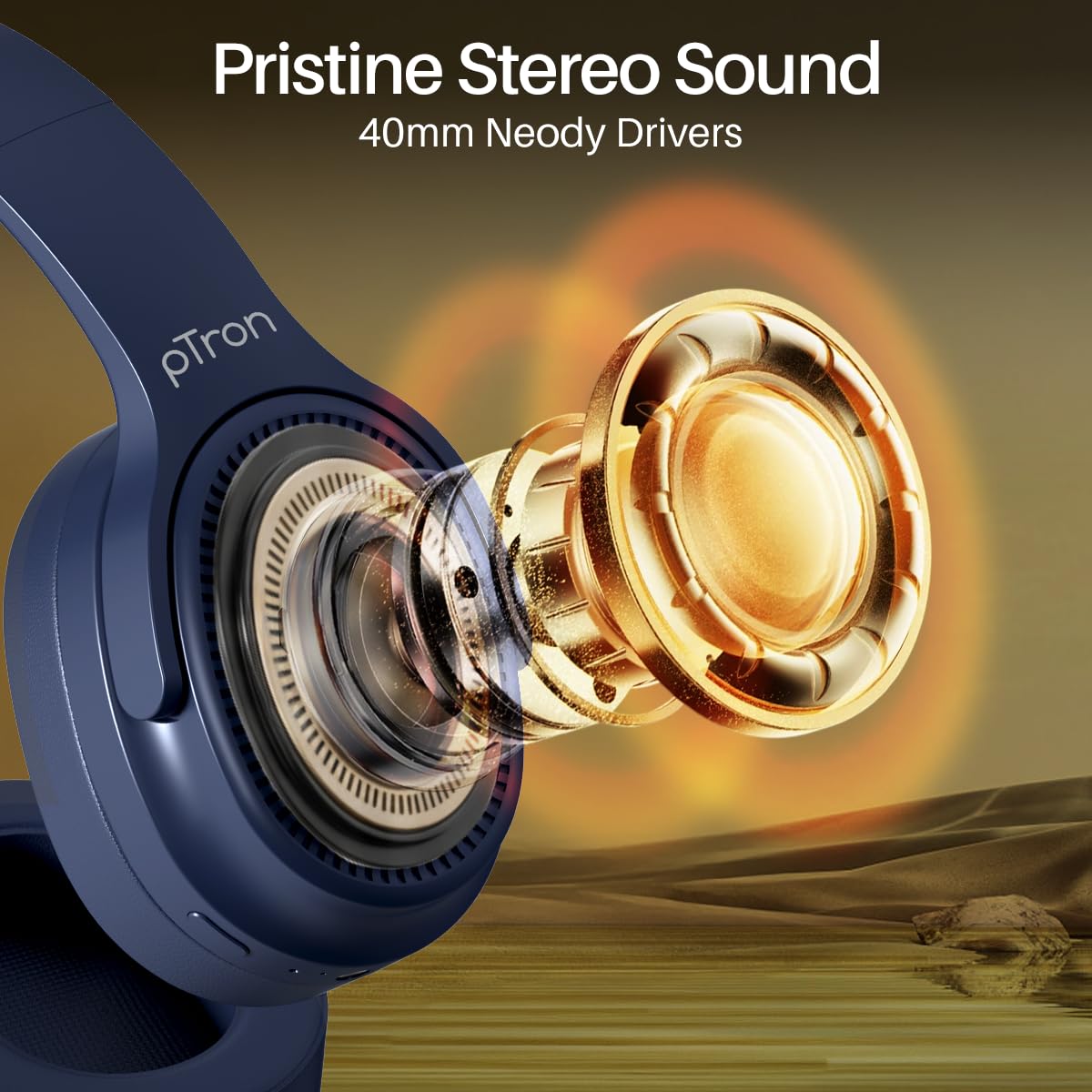 pTron Studio Pro w/ 65Hrs Playtime, Wireless Over Ear Headphones w/HD Mic & TruTalk AI-ENC Calls, Low-Latency Game & Music, 40mm Drivers, BT5.4, Dual Device Pairing & Type-C Fast Charging (Beige)
