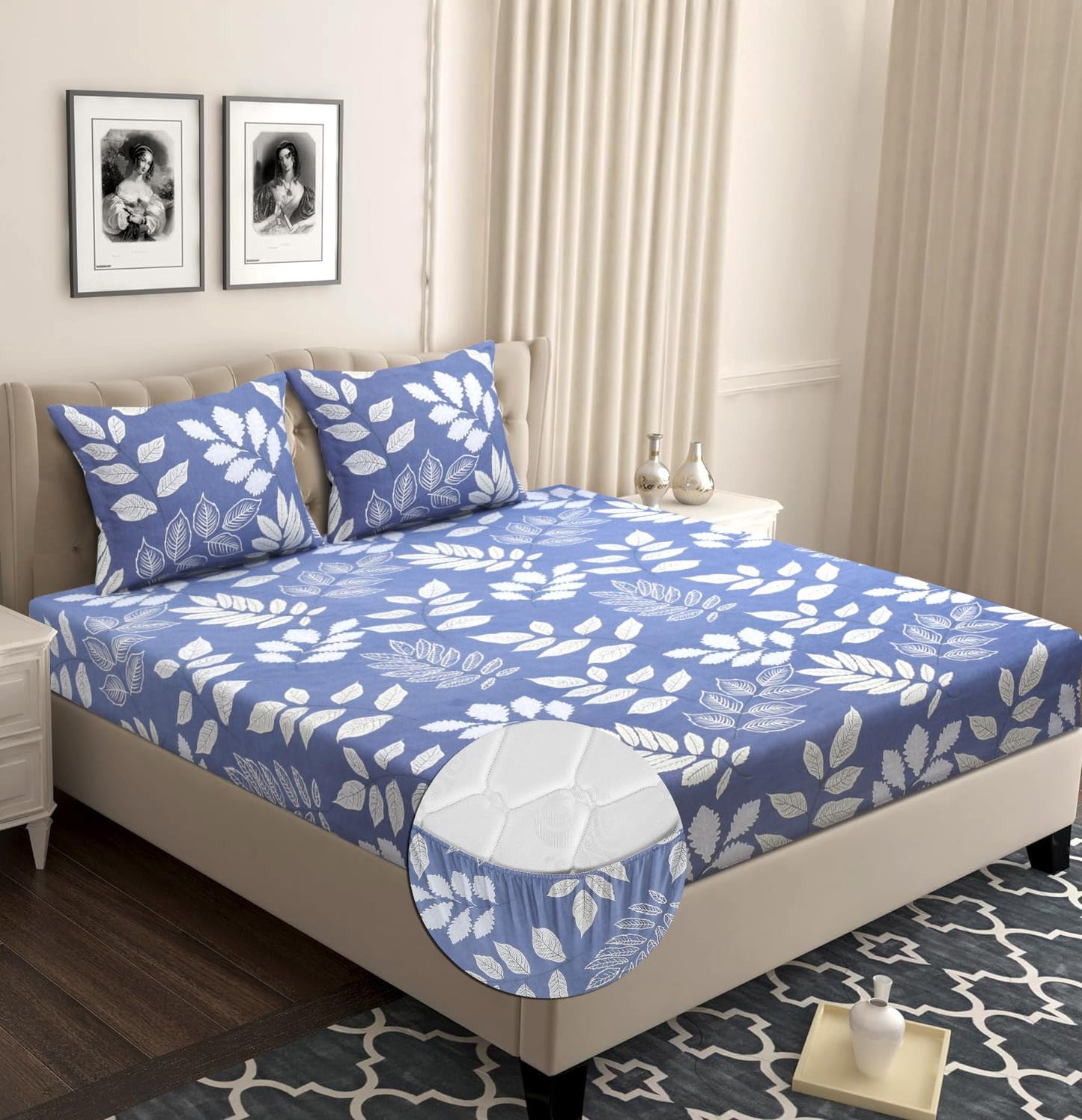 VAS COLLECTIONS Premium Cotton Elastic Fitted Double Bedsheet Set – 160-210 TC, 72 x 68 + 6 Inches | Wrinkle-Free, Breathable, with 2 Pillow Covers | Corner Fitted Sheet (Off White & Blue)