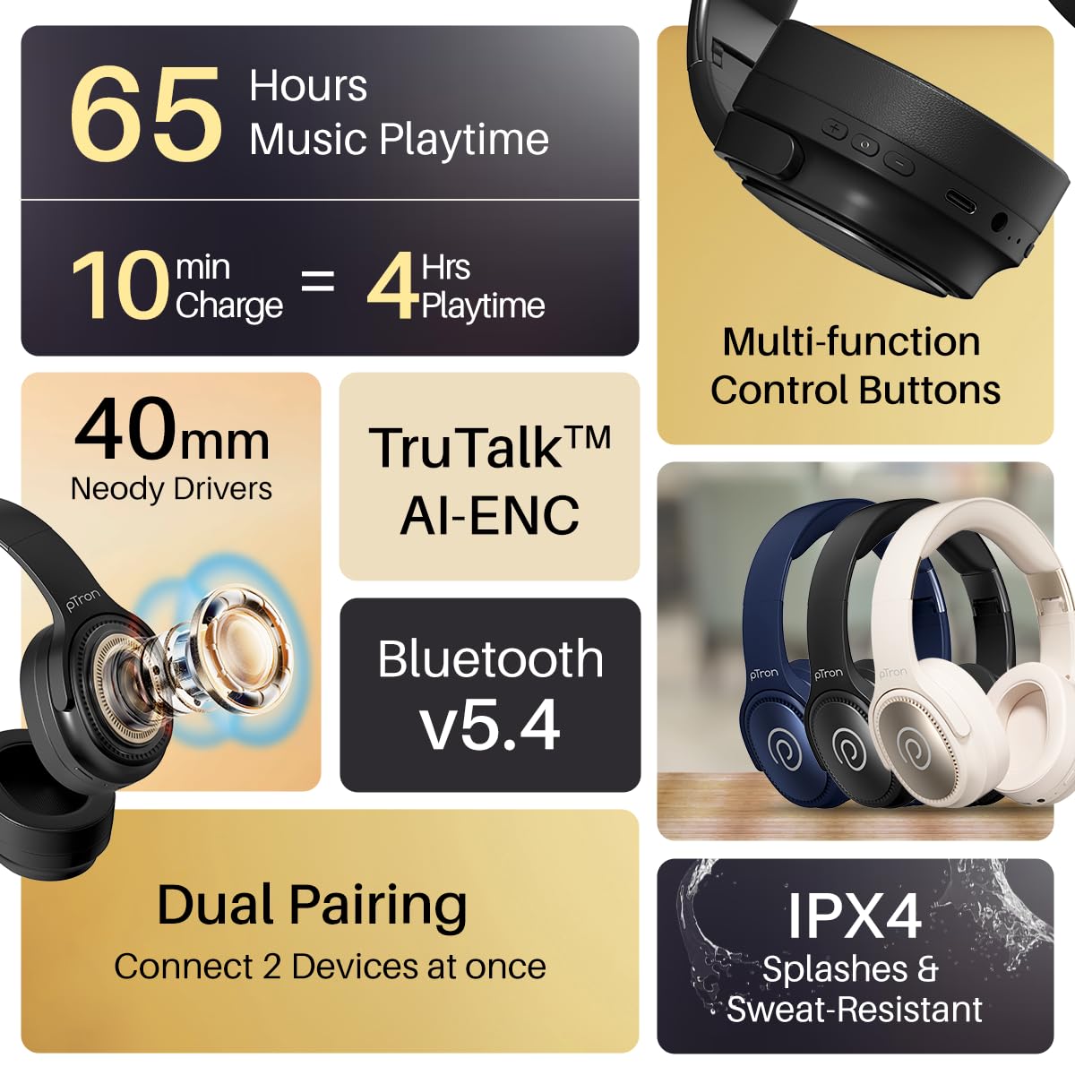 pTron Studio Pro w/ 65Hrs Playtime, Wireless Over Ear Headphones w/HD Mic & TruTalk AI-ENC Calls, Low-Latency Game & Music, 40mm Drivers, BT5.4, Dual Device Pairing & Type-C Fast Charging (Beige)