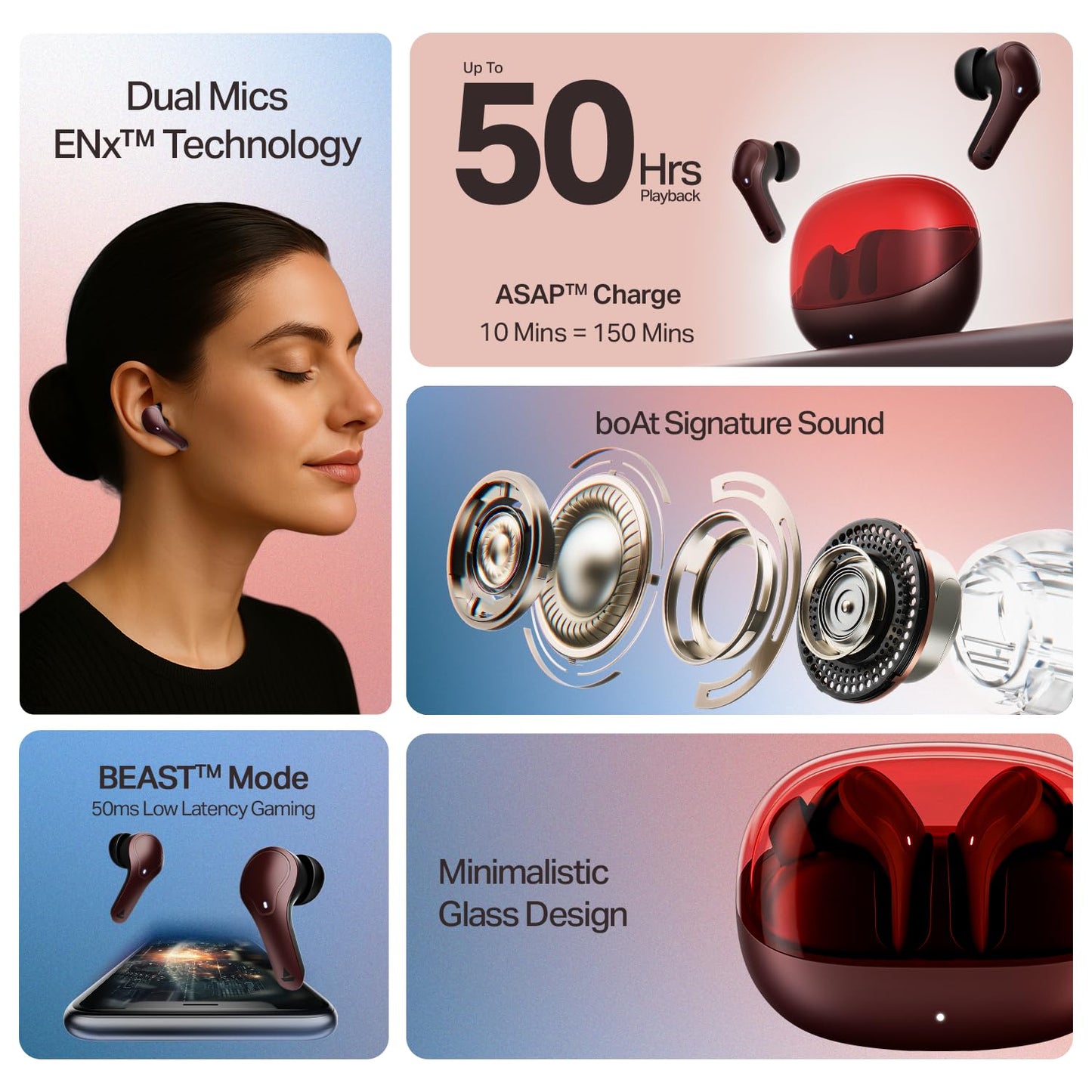 Boat Airdopes Plus 311, Glass Design, ENx Tech, Fast Charge, 50 Hrs Battery, Stream Ad Free Music via App Support Bluetooth Earbuds, TWS Ear Buds Wireless Earphones with mic (Charcoal Black)
